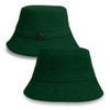 A dark green bucket hat featuring a logo, showcasing a simple and versatile design.