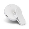 A white Halo Selfie Light with a clip design and a small button, featuring a logo on the surface.