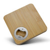 A drink bottle opener coaster in a square shape, featuring a bamboo finish and a metal bottle opener.