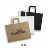 Three extra large flat handle paper bags in brown, white, and black, featuring a logo on the brown bag.