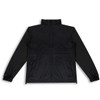 A black unisex windbreaker jacket featuring a zip front and two side pockets. It has a branding logo.