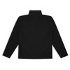 A black unisex soft shell jacket featuring a high collar and long sleeves. The jacket has a logo branding.