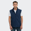 A navy blue men's vest with a zip front, standing model, featuring side pockets and a collar, with a logo.