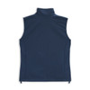 A navy women's vest with a high collar and no sleeves, featuring a sleek, smooth design and a subtle logo.