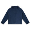 A navy blue soft shell jacket featuring a hood and zippered pockets, with a logo on the front.