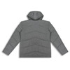 A grey women's puffer jacket with a hood and quilted design, featuring long sleeves and a logo.
