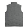 A grey puffer vest with a chevron quilted pattern and a high collar. The vest has no sleeves and features a logo.