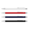 A set of four metal pens in white, red, navy blue, and black, each featuring a silver clip and detailing.