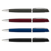 A collection of four metal pens in green, burgundy, blue, and black with silver accents and a logo.