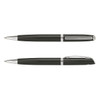 A metal pen featuring a sleek black body and silver accents, displayed from two angles. It includes a logo.