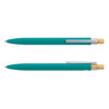 A metal pen in teal with a wooden clip, featuring a logo on the barrel.