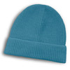 A blue brushed kids beanie with a ribbed texture and a folded cuff, featuring a logo.