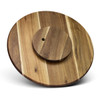A wooden lazy Susan featuring a round design with varying shades of brown and a central circular rotating section.