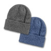 Two beanies in grey and blue, featuring a ribbed cuff, displayed against a white background. Each has a logo.