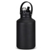 A drink bottle in matte black, featuring a handle and a screw-on lid, with a logo on the front.