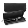 A sleek black presentation case for a pen, featuring a smooth exterior and a zip closure, containing a pen inside.