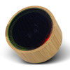 A Bamboo Bluetooth speaker featuring a round design with a black mesh speaker grille and a natural bamboo finish.