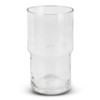 A clear glass tumbler with a stackable design, featuring a smooth finish and a branding logo.