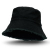 A black Raw Edge Bucket Hat with a frayed brim and an inner fabric lining. It features a branding logo.