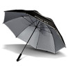 A black and grey double canopy umbrella with an umbrella handle and a logo.