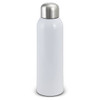 A drink bottle in sleek white with a stainless steel cap, featuring a simple design and a logo.