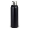 A drink bottle in matte black with a stainless steel cap and a sleek, modern design. It features a branding logo.