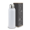 A drink bottle in a sleek white finish with a stainless steel top, accompanied by a decorative box.