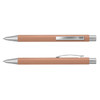 A metal pen in a soft orange colour with silver accents and a clip, featuring a sleek design.