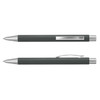 A metal pen with a dark green barrel and silver accents, featuring a clip and rounded tip.
