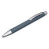 A metal pen in a grey colour with a silver tip and clip, featuring a smooth, sleek design and a logo.