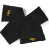 A black beanie and a matching scarf set featuring a logo, arranged attractively.