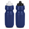 A drink bottle set in navy blue with white and black screw-on lids. Features a smooth surface and a logo.