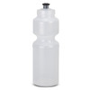 A drink bottle in clear plastic with a black nozzle cap and an ergonomic shape for comfortable handling.