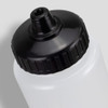A drink bottle with a clear body and a black cap, featuring a textured grip around the top.