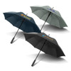Three promotional umbrellas in dark green, navy, and black, featuring various logos on each.