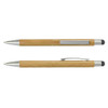 A bamboo stylus pen featuring a silver clip and tip, showcasing a natural wood finish and a sleek design.