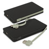 A black wireless charging power bank with a built-in grey USB cable, featuring multiple charging ports.