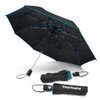 A black umbrella with turquoise accents, featuring a compact foldable design and a logo.