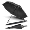 A black Hurricane Sport Umbrella with a sturdy handle, shown both open and folded. It features a logo on the handle.