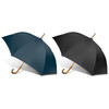 A boutique umbrella set featuring a teal and a black umbrella with wooden handles and a branding logo.