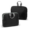 A pair of black foldable backpacks with grey handles, one folded and one unfolded, showcasing their compact design.