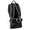 A foldable backpack in black with grey straps and a front pocket, featuring a logo on the side.