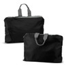 A black foldable duffle bag with grey handles, featuring a zip closure and a compact design.