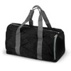 A black foldable duffle bag with grey straps and a zip closure, featuring a logo.
