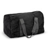 A black foldable duffle bag with grey handles and a zippered top, featuring a logo.