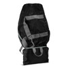A black foldable duffle bag with grey straps, featuring a compact design and a pliable material.