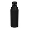 A drink bottle with a sleek black aluminium design and a black screw-top lid, featuring a logo on its surface.