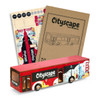 A wooden bus model in red and blue, featuring various city landmarks and a logo on the side, alongside design sheets.