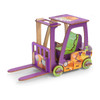 A purple and wooden forklift model with colourful graphics, featuring a detailed design and movable forks.