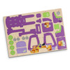 A wooden model puzzle featuring purple and natural wood pieces, including a forklift and various accessories.